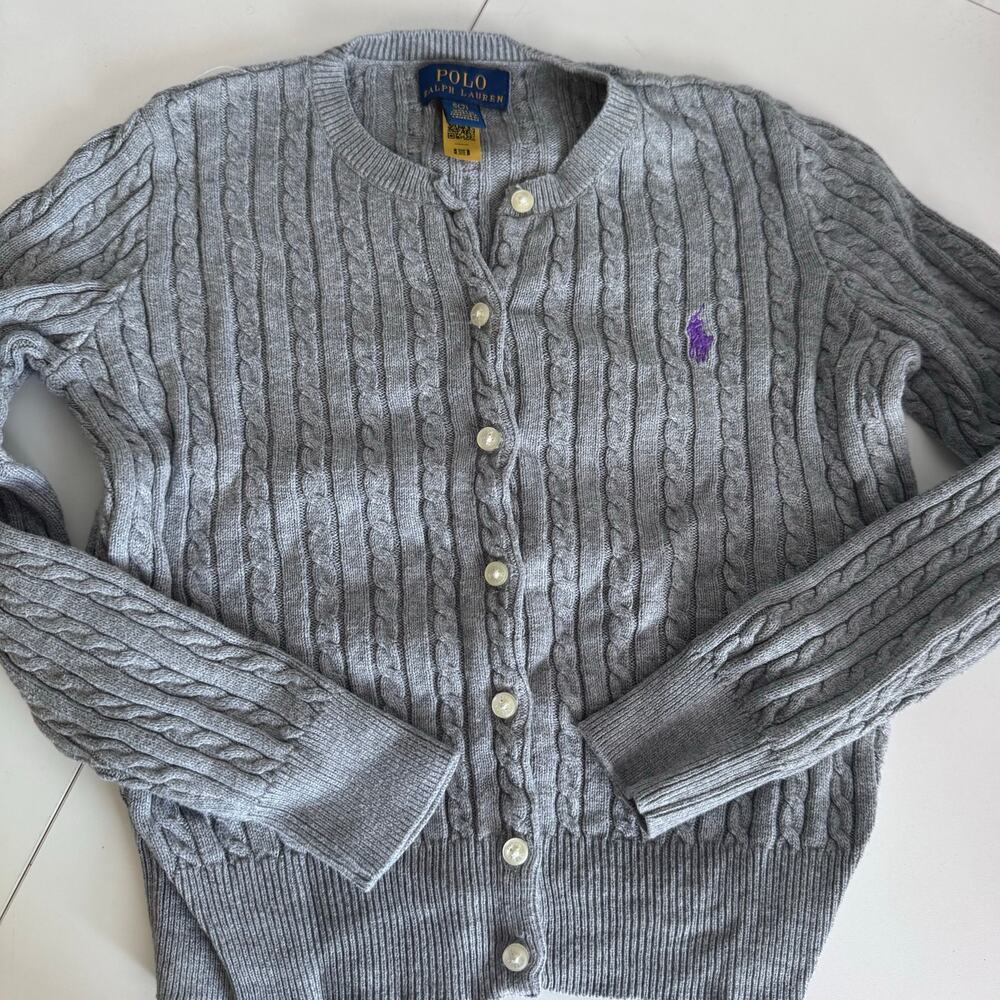 Polo Ralph Lauren Sweater Girls S 7 Gray Cable Knit Cardigan Button Up Cotton